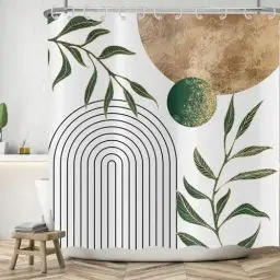 Produktbild: ASDCXZ Boho Duschvorhang 180x200 cm, Modern Abstrakt Kunst Boho Style Retro Sonne Grün Blätter Weiß Bad Waschbar Duschvorhänge Polyester Textil Wasserdicht Badevorhang für Badewanne mit 12 Haken