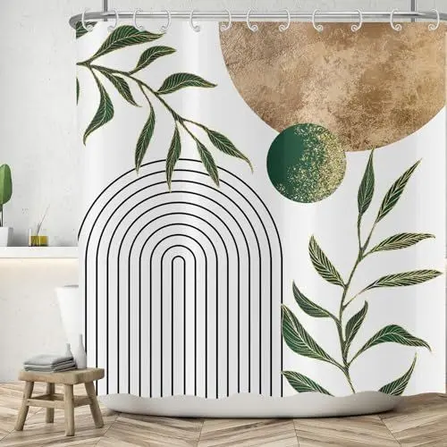 Produktbild: ASDCXZ Boho Duschvorhang 180x200 cm, Modern Abstrakt Kunst Boho Style Retro Sonne Grün Blätter Weiß Bad Waschbar Duschvorhänge Polyester Textil Wasserdicht Badevorhang für Badewanne mit 12 Haken