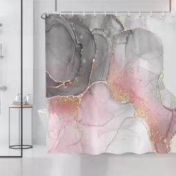 Produktbild: ASDCXZ Marmor Duschvorhang 180x180 cm, Modern Abstrakt Grey Weiß Rose Gold Marmor Optik Textur Bunt Bad Waschbar Duschvorhänge Polyester Textil Wasserdicht Badevorhang für Badewanne mit 12 Haken