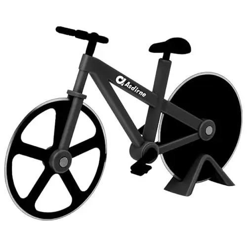 Produktbild: Asdirne Pizzaschneider, Fahrrad-Pizzaschneider, Rad mit Antihaftbeschichtung, Edelstahl, super scharfe Klingen, Neuheit, Geschenk, 19 cm, Schwarz