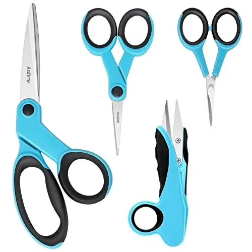 Produktbild: Asdirne Stoffschere, Schneiderschere, Scherenset mit Scharfer Edelstahlklinge und Weichen Griffen, Einschließlich Nähschere, Bastelschere, Fadenscharfschützen und Stickschere, 4PCs, Blau/Schwarz