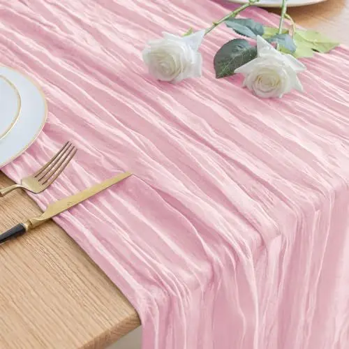 Produktbild: Asee'm Tischläufer Käsetuch 300 x 90cm Hell Rosa Boho Transparente Läufer Tisch Hochzeit Gaze Stoff Rustikale Käse Tuch für Braut Dusche Party