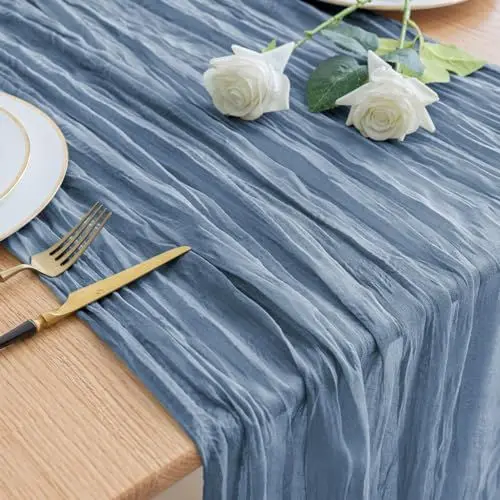 Produktbild: Asee'm Tischläufer Käsetuch 300 x 90cm Staubiges Blau Boho Transparente Läufer Tisch Hochzeit Gaze Stoff Rustikale Käse Tuch für Braut Dusche Party