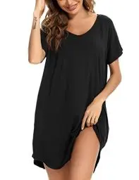 Produktbild: Aseniza Damen Nachthemd Kurzarm Baumwolle Nachtwäsche Negligee Loose fit Schlafhemd Kurze Sommer Schlafshirt Knielang Nachtkleid,A-Schwarz,XL