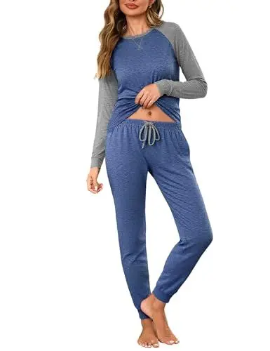 Produktbild: Aseniza Schlafanzug Damen Lang Baumwolle Winter Pyjama Set Langarm Warm Loungewear Blau L