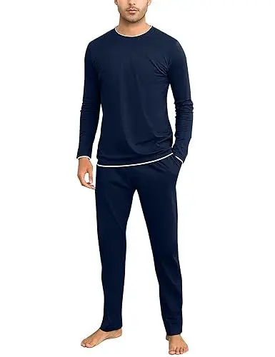Produktbild: Aseniza Herren Schlafanzug Lang Pyjama Baumwolle Winter Zweiteilige Pyjamas mit Langarmshirt und Schlafanzughose für Männer,Blau,M