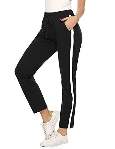 Produktbild: Aseniza Jogginghose Damen Sporthose Lang Baumwolle Trainingshose Freizeithose High Waist mit Streifen für Sport Yoga Gym Schwarz XL