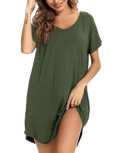 Produktbild: Aseniza Nachthemd Damen Kurzarm Schlafshirt Baumwolle Schlafhemd Sommer Nachtwäsche Große Größen Sleepshirt Nachtkleid mit Taschen