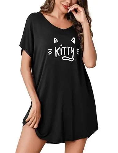 Produktbild: Aseniza Nachthemd Damen Kurzarm Schlafshirt Baumwolle Schlafhemd Sommer Nachtwäsche Große Größen Sleepshirt Nachtkleid mit Taschen,Kitty-Schwarz,M
