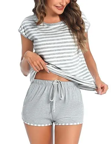 Produktbild: Aseniza Pyjama Damen Kurz Schlafanzug Baumwolle Shorty Nachtwäsche Sommer Gestreifte Schlafanzüge mit Kurzarm Top und Schlafshorts