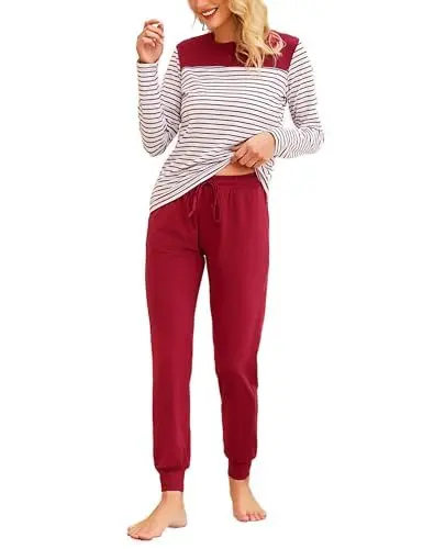 Produktbild: Aseniza Pyjama Damen Lang Schlafanzug Baumwolle Winter Pyjama Set Rundhals Sleepwear Hausanzug mit Bündchen rot