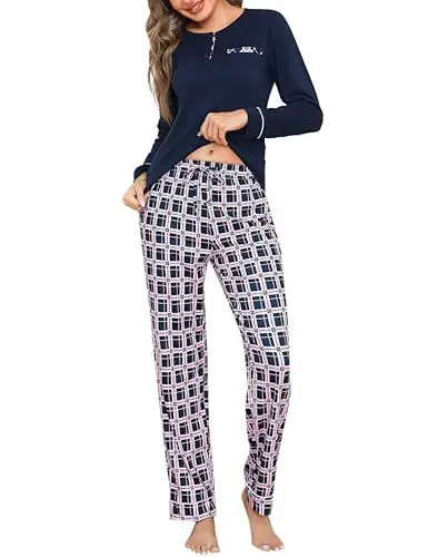 Produktbild: Aseniza Pyjama Damen Schlafanzug Lang Baumwolle Karierte Pyjama Set Rundhals Winter Nachtwäsche Zweiteilige Schlafanzüge