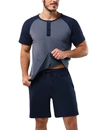 Produktbild: Aseniza Pyjama Herren Kurz Baumwolle Schlafanzug Sommer Nachtwäsche mit Knopfleiste Raglan Kurzarmshirt und Schlafanzughose