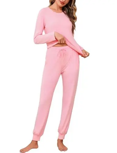 Produktbild: Aseniza Schlafanzüge für Damen Lang Schlafanzug Pyjama Set Baumwolle Winter Warmer Kuschelig Teenager Mädchen Pijamas Zweiteiliger Hausanzug Nachtwäsche Einfarbig Schlafanzughosen Rosa M