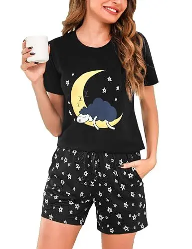 Produktbild: Aseniza Schlafanzug Damen Kurz Pyjama Baumwolle Shorty Set Kurzarm Nachtwäsche Frauen Loungewear Zweiteiliger Schlafanzüge Sleepwear für Sommer Schwarz，M
