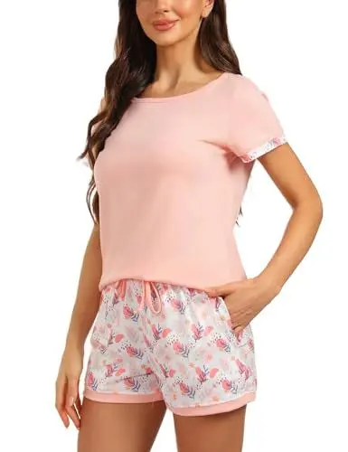 Produktbild: Aseniza Schlafanzug Damen Kurz Pyjamas Baumwolle Kurzarm Pyjama Set Rundhals Zweiteiliger Nachtwäsche Shorty Loungewear Sleepwear für Sommer,Neu-Pink,M
