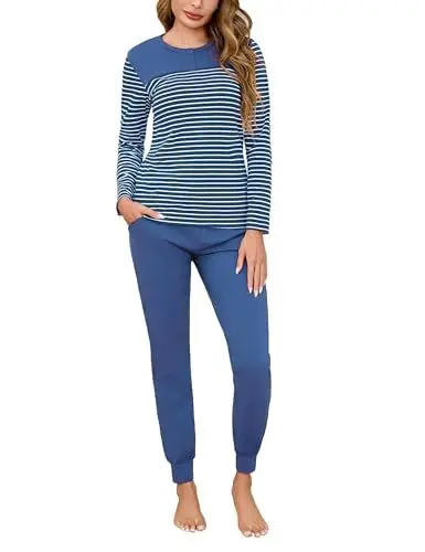 Produktbild: Aseniza Schlafanzug Damen Lang Baumwolle Bündchen Winter Pyjama Set Gestreift Loungewear Rundhals Langarmshirt und Schlafanzughose hellblau