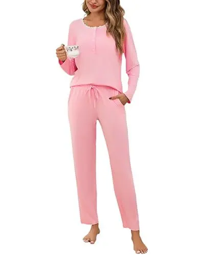 Produktbild: Aseniza Schlafanzug Damen Lang Baumwolle Pyjama Set Langarm Pijamas Hausanzug Winter Kuschelig Teenager Mädchen Nachtwäsche Zweiteiliger Damenschlafanzug mit Spitze Herbst Winter Loungewear Rosa, S