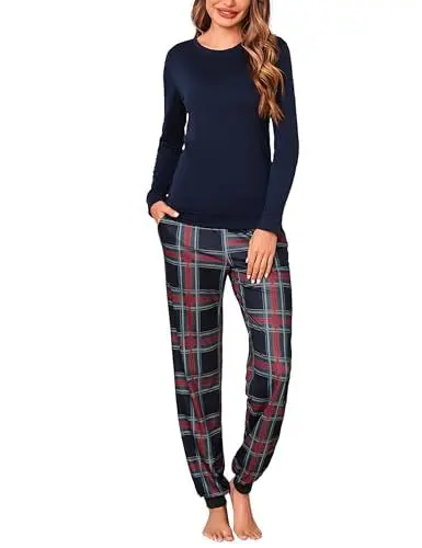 Produktbild: Aseniza Schlafanzug Damen Lang Baumwolle Pyjama Set Winter Langarm Nachtwäsche Zweiteiliger Frauen Schlafanzüge Loungewear mit Bündchen Blau,S