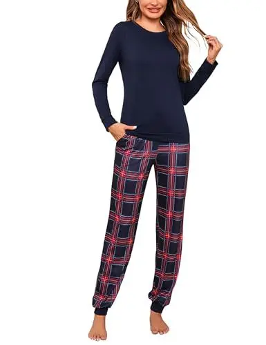 Produktbild: Aseniza Schlafanzug Damen Lang Baumwolle Pyjama Set Winter Langarm Nachtwäsche Zweiteiliger Frauen Schlafanzüge Loungewear mit Bündchen Dunkelblau,XL