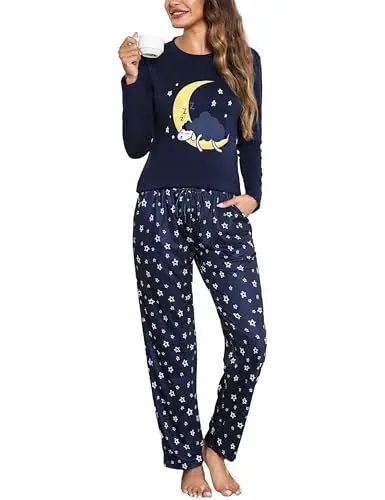 Produktbild: Aseniza Schlafanzug Damen Lang Pyjama Set Baumwolle Langarm Nachtwäsche Loungewear Zweiteiliger Frauen Schlafanzüge Sleepwear für Winter Blau, M