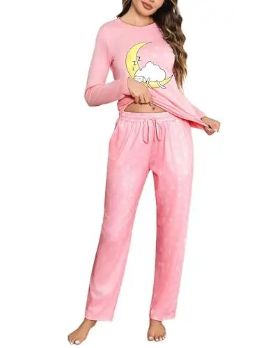 Produktbild: Aseniza Schlafanzug Damen Lang Pyjama Set Baumwolle Langarm Nachtwäsche Loungewear Zweiteiliger Frauen Schlafanzüge Sleepwear für Winter Rosa, XL
