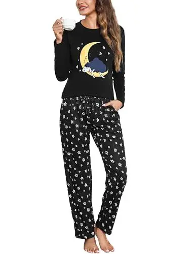 Produktbild: Aseniza Schlafanzug Damen Lang Pyjama Set Baumwolle Langarm Nachtwäsche Loungewear Zweiteiliger Frauen Schlafanzüge Sleepwear für Winter Schwarz, M