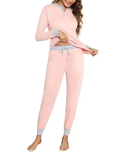 Produktbild: Aseniza Schlafanzug Damen Lang Pyjamas Baumwolle Zweiteiliger Nachtwäsche Lounge Set Langarm Hausanzug für Frauen mit Bündchen,A-Rosa,S