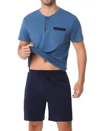 Produktbild: Aseniza Schlafanzug Herren Kurz Baumwolle mit Knopfleiste Pyjama Sommer Kurzarm Oberteil und Pyjamahose für Männer,Blau,XXL