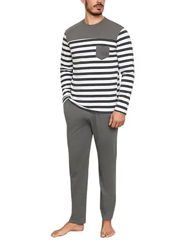 Produktbild: Aseniza Schlafanzug Herren Lang Pyjama Baumwolle Rundhal Gestreift Langarm Hausanzug Zweiteilige Schlafanzüge für Männer mit Elastischem Bund und Taschen,B-Grau,L