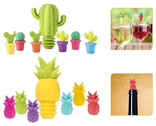 Produktbild: ASFINS Flaschenverschluss Glasmarker Set, 2 Stück Weinflasche Stopper Bier Sealer mit 12 Stück Glasmarkierer für Hochzeitsfeier Bar Party Restaurant, Silikon (Kaktus und Ananas)