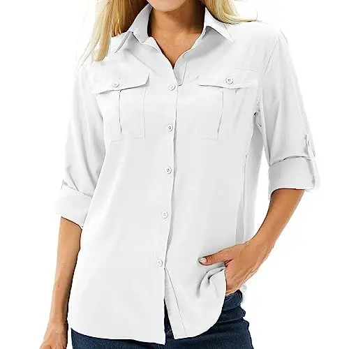 Produktbild: Asfixiado Damen Hemd UPF 50+ UV Schutz Langarmshirt Damen Outdoor Wanderbluse Safari Kleidung Damen Atmungsaktiv Outdoor Cool Quick Dry Sport Oberteile（5070 White L）