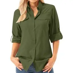 Produktbild: Asfixiado Damen Hemdbluse UV Shirt UPF 50+ Safari Kleidung Wanderbluse Damen Outdoor Cooling Quick Dry Sonnenschutz Langarm Luftiges Hemd（5072 Army Green L）