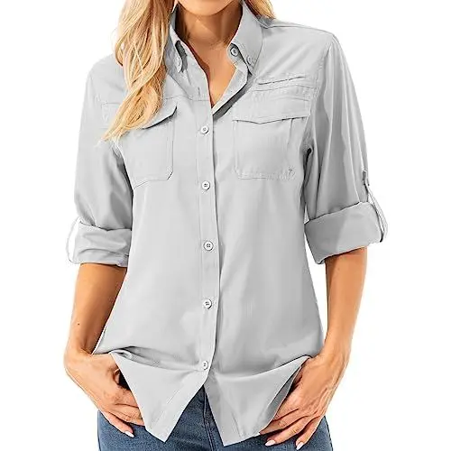 Produktbild: Asfixiado Damen Hemdbluse UV Shirt UPF 50+ Safari Kleidung Wanderbluse Damen Outdoor Cooling Quick Dry Sonnenschutz Langarm Luftiges Hemd（5072 Grey M）