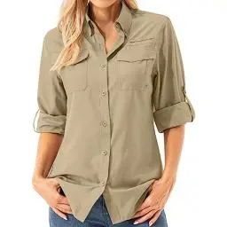 Produktbild: Asfixiado Damen Hemdbluse UV Shirt UPF 50+ Safari Kleidung Wanderbluse Damen Outdoor Cooling Quick Dry Sonnenschutz Langarm Luftiges Hemd（5072 Khaki M）