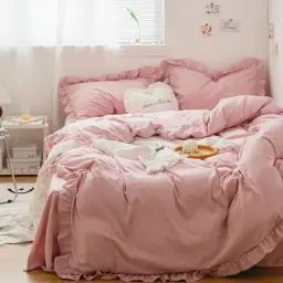 Produktbild: AShanlan Bettwäsche 135x200cm Rosa mit Rüschen 2-teilig Microfaser Bettbezug Kopfkissenbezug Mädchen Jugendliche Teenager Einzelbett