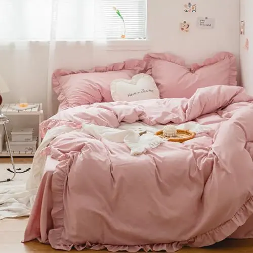 Produktbild: AShanlan Bettwäsche 135x200cm Rosa mit Rüschen 2-teilig Microfaser Bettbezug Kopfkissenbezug Mädchen Jugendliche Teenager Einzelbett