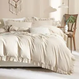 Produktbild: AShanlan Bettwäsche 200x220 Rüschen Beige Uni Einfarbig Romantisch Bettbezug 3 Teilig Microfaser Rüschen Bettwäsche Set mit 2 x Kissenbezug 80x80 cm Reißverschluss