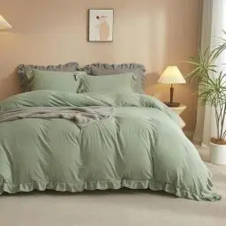 Produktbild: AShanlan Bettwäsche Rüschen 200x200 Salbeigrün Uni Einfarbig Romantisch Rüschenbettwäsche Set 3 Teilig Microfaser Grün Deckenbezug mit Kissenbezug 80x80 cm Reißverschluss
