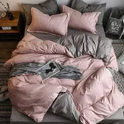 Produktbild: AShanlan Bettwäsche Set Rosa Grau 140x200 Kariert Landhaus Altrosa Bettbezug Karomuster Wende Karo Bettdeckenbezug Reißverschluss 100% Mikrofaser Kissenbezug 70x90 cm