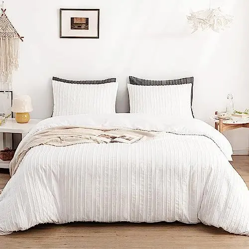 Produktbild: AShanlan Boho Bettwäsche 200x200 Weiß Getuftet Stickerei Gestreift Bohemian Style Bettbezug Super Weich Gewaschene Microfaser Wendebettwäsche Set mit Reißverschluss und 2 x Kissenbezug 80x80 cm