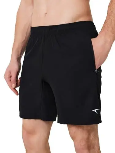 Produktbild: Herren Sport Kurze mit Reißverschluss Taschen integrierter Kordelzug Jogging Kurz Laufhosen E - Schwarz, X-Large