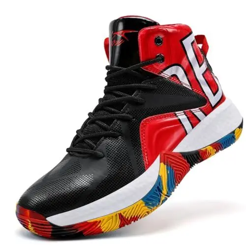 Produktbild: ASHION Jungen Basketballschuhe Laufschuhe Mode Kinder Tennis Turnschuhe Mädchen Hallen Sportschuhe, Schwarz Rot, 41 EU
