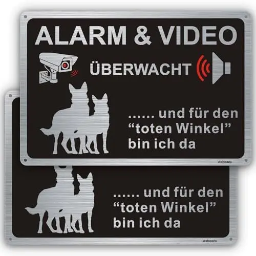 Produktbild: Ashoaza Schild Alarm und Videoüberwachung, Hund Schild Aluminium 30x20, Warnung vor dem Hund Schilder Metall, 2 Stück Achtung Videoüberwachung Schilder, Kamera Überwachung
