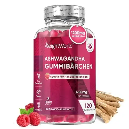 Produktbild: Ashwagandha 1200mg - 120 Gummibärchen - 2 Monate Vorrat - Vegan & Glutenfrei - Natürlicher Himbeergeschmack - Ashwagandha Wurzel Extrakt (Withania Somnifera) von WeightWorld