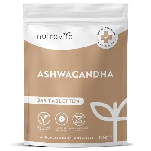 Produktbild: Ashwagandha Kapseln - 365 vegane Tabletten für 1 Jahr Vorrat - 60mg pro Tablette - Nutravita