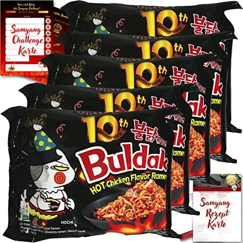 Produktbild: asiafoodland - Samyang Buldak Ramen Set - Original - Feuerhuhn Nudeln aus Südkorea - mit Challenge-, u. Rezeptkarte, 5er Pack (5 x 140g)
