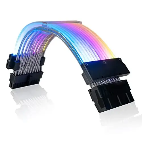 Produktbild: AsiaHorse 24Pin ATX Adressierbare RGB Kabel, ARGB 24PIN Mainboard Sleeved Cable, 5V 3PIN PSU Kabelverlängerung für Motherboard, 18AWG Power Cable Extension mit Beleuchtung, (Streifen Design)