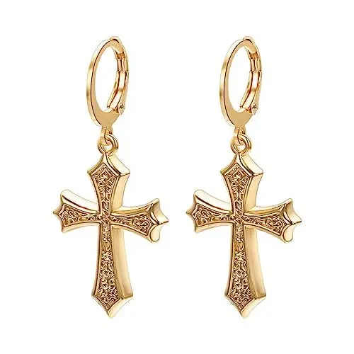 Produktbild: Asienice Goldene Gothic Kreuz Ohrringe für Herren Goldene Creolen 14 Karat Vergoldet Hypoallergene Knorpel Ohrhänger für Männer Schmuck