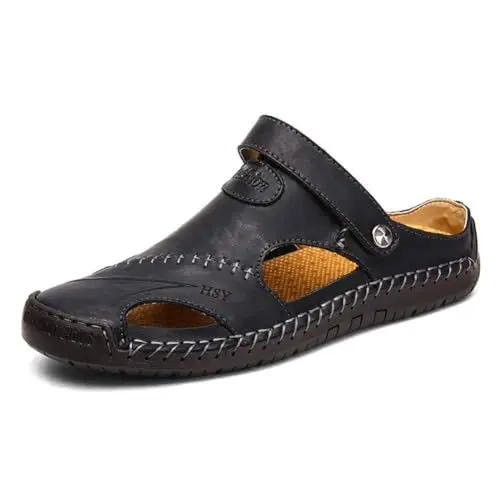 Produktbild: Asifn Herren Leder Sport Sandalen Hausschuhe Outdoor Wandern Schuhe Strand Sportlich Fischer Wandern Sommer Anti-Rutsch Leichte Atmungsaktivität,Schwarz,45 EU